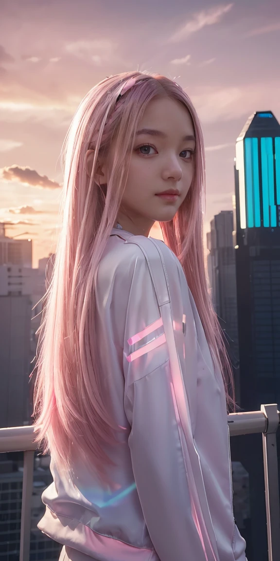 ((masterpiece, best quality, extremely detailed), volumetric lighting, ambient occlusion, colorful, glowing),
1girl, solo, young girl, (pink hair), long hair, halo, aura, sacred, godness, cyber suit, android, bot,
outdoors, sunset, sky, clouds, space, (cyberpunk theme:1.2),