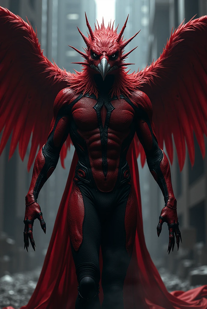 A half bird and half man villain red and black costume