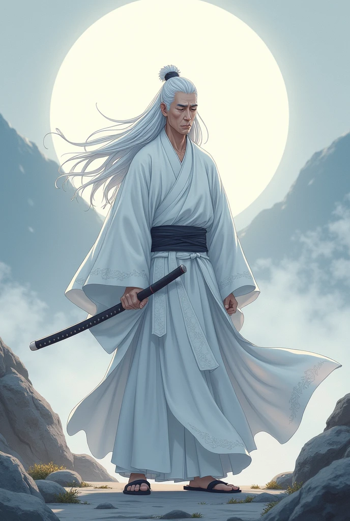 Samurai in white kimono, white hair and eyes anime
