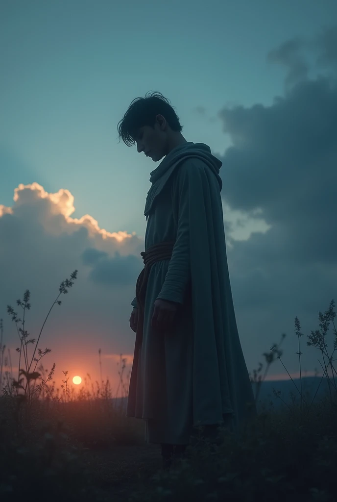 A reflective figure pondering under a twilight sky, questioning history, UHD, cinematic lighting.