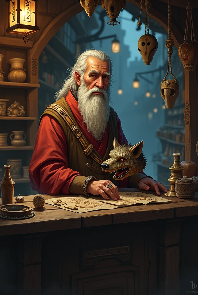 Shopkeeper selling wolf  mask digital illustration 
