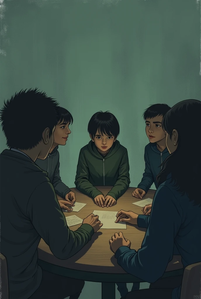 Create a picture of the group role of the outsider. The characteristic features of the outsider are, that he has a low rank and is not integrated into the group. He is rejected and ignored by the other members. Represent the group role like this, that the person sits alone on the edge and looks at a group.