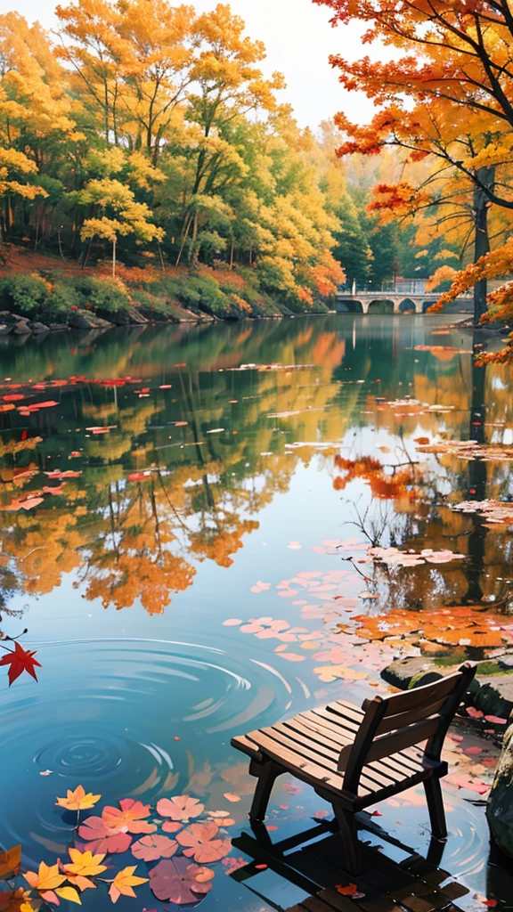 Prompt: an anime-style landscape featuring a solitary wooden bench positioned by the edge of a tranquil lake. The surface of the lake is mirror-like, reflecting the autumn trees that line its shore. The leaves are a mix of warm oranges, reds, and yellows, gently falling onto the still water. The atmosphere is quiet and contemplative, with a soft breeze rustling the leaves.