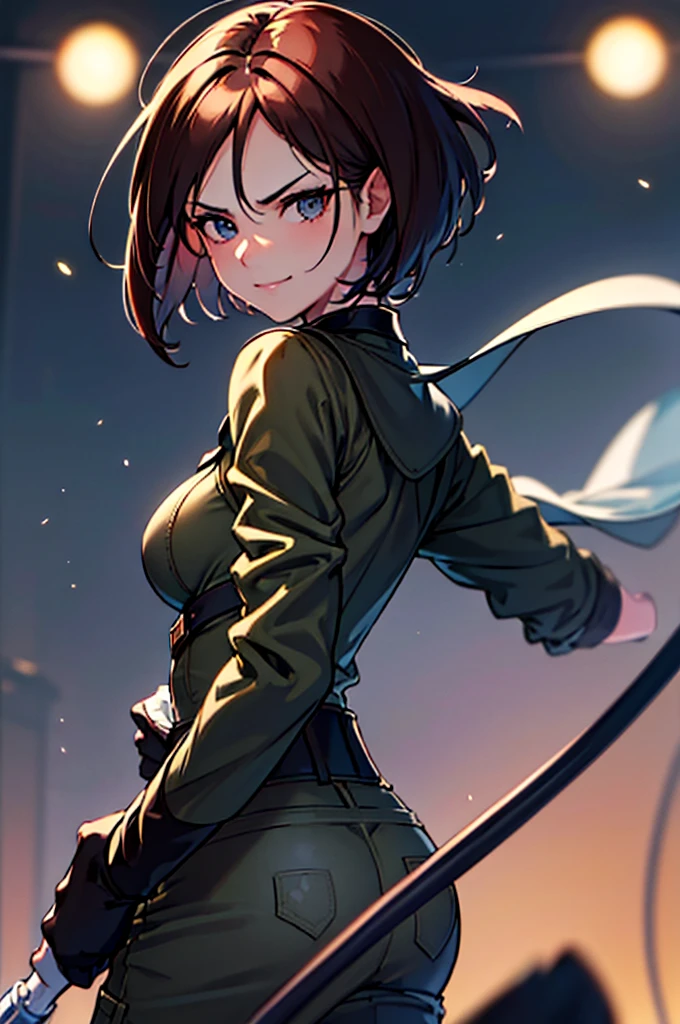 (at night), in a video game scene in the background, a beautiful city at night, raining, alone, standing looking straight ahead, military clothing with military green skirt and pants, black gloves, semi-short hair, ((semi-short hair)), 1 girl, 30 years old, young woman, perfect hands, Beautiful fingers, Beautiful long legs, Beautiful body, Beautiful nose, Beautiful character design, perfect face, looking straight at the viewer with a serious gesture, very upset looking at the viewer, she has a black whip in her hand (focusing on her face), closed mouth, smile_light, official art, extremely detailed CG unity 8k wallpaper, perfect lighting, bright and colorful front lighting, skin glossy (masterpiece: 1.0), (best_quality: 1.0), ultra high resolution, 4k, ultra detailed photography, 8K, hdr, high resolution, nonsense:1.2, Kodak portrait 400, film grain, blurred background, bokeh:1.2 , Lens flare, (vibrant_color:1.2), professional photography, (Beautiful, breasts: 1.4), (Beautiful_face: 1.5), (narrow waist),
