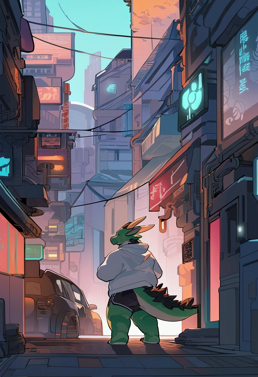 Dragon,male, Adult, Chubby,Round belly,Yaoi, Doujinshi,Wearing a stylish sweatshirt, Shorts, Cyberpunk metropolis, Summer atmosphere, Detailed Background, Out View Scale, Pixiv artwork,High resolution,4K, colorful, Smooth lighting, Ghibli style,artwork By Quan Jiang, by Tuni, By Quan Jiang,