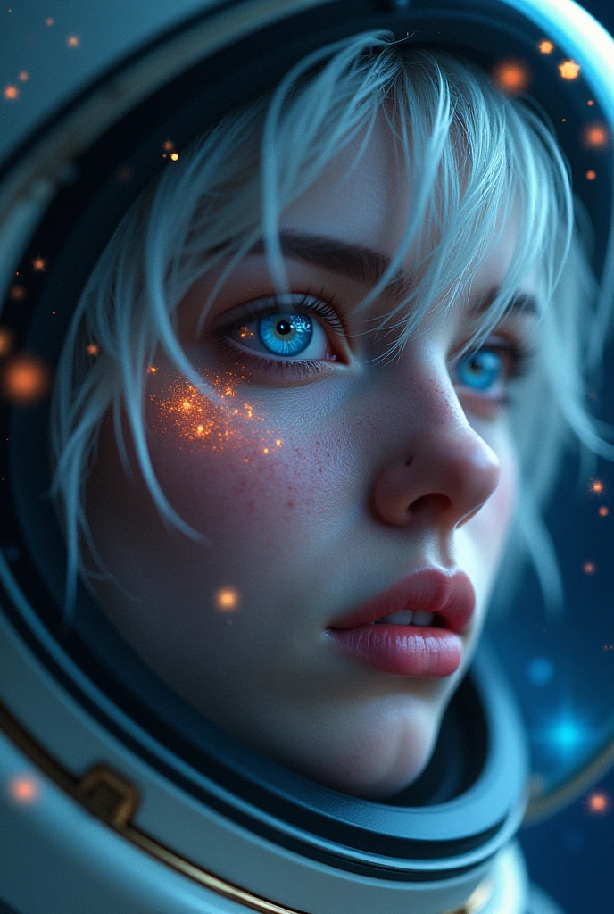 (Close-up of a better masterpiece:1.5)0.9], (Space and astronauts:1.2) (Messy silver hair:1.1) (Heterochromia xanthochromia and blue eyes:1.2) (Space Helmet:1.0) (Colored stars in the eyes:1.0) (A radiant glow:1.1) (thick lips:0.9)