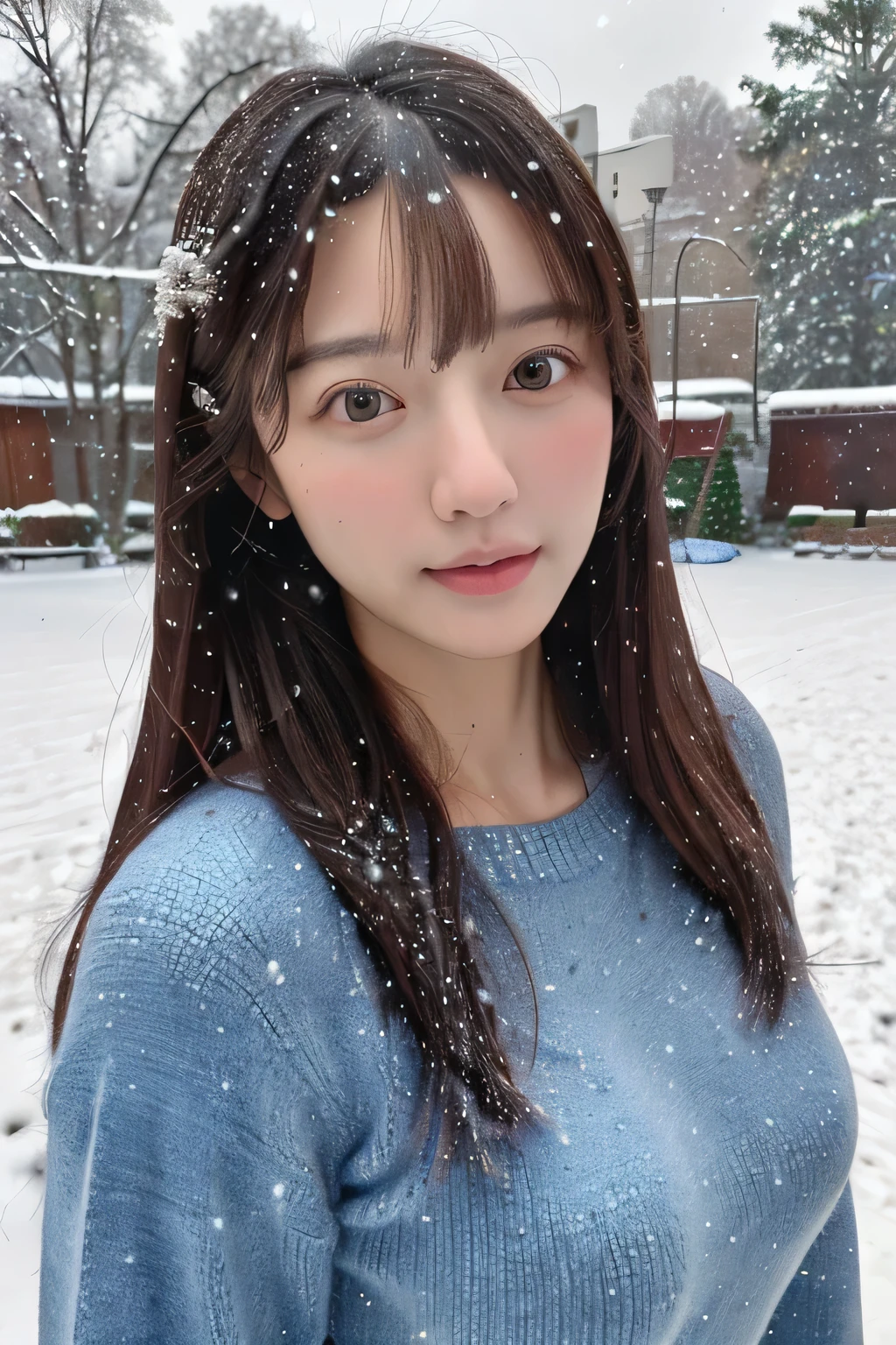 (masterpiece:1.35),(best-quality:1.4),8k,ultra-detailed,photography,(ultra-realistic:1.4), adult girl, long hair, sweater, snowing background, Large Breast, Slim Body, Cute face,