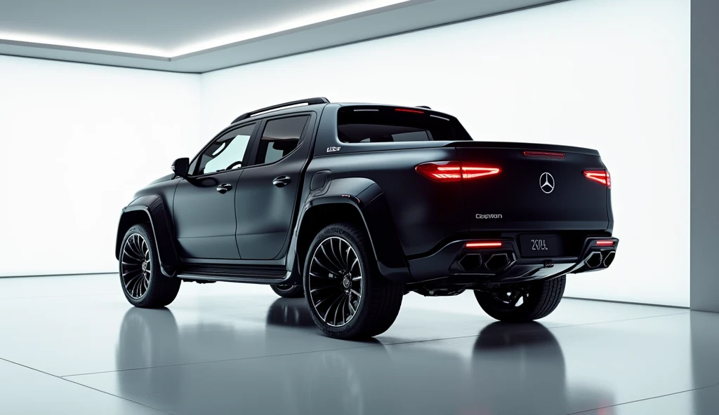 A stunning, futuristic pickup truck(Benz x class pickup truck 2025 ) takes center stage in a luxury white showroom. The vibrant (black) exterior gleams, drawing attention to its sleek, aerodynamic design and bold accents. The pick up truck( Mercedes Benz S-Class pickup truck 2025) " is prominently displayed in large, metallic letters on the pick up truck, set against a dark wall. The (  side) view showcases the cutting-edge innovation and technology of its time, inviting potential buyers to experience the future of automotive design and performance. This awe-inspiring image promises an unparalleled driving experience.