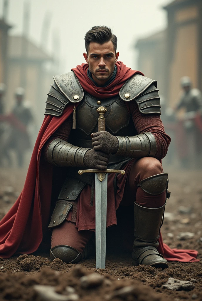 A brave male warrior, well built body, round face, he has no beard or moustache, and he is kneeling on the ground of the battlefield with his long sword stuck in the ground.