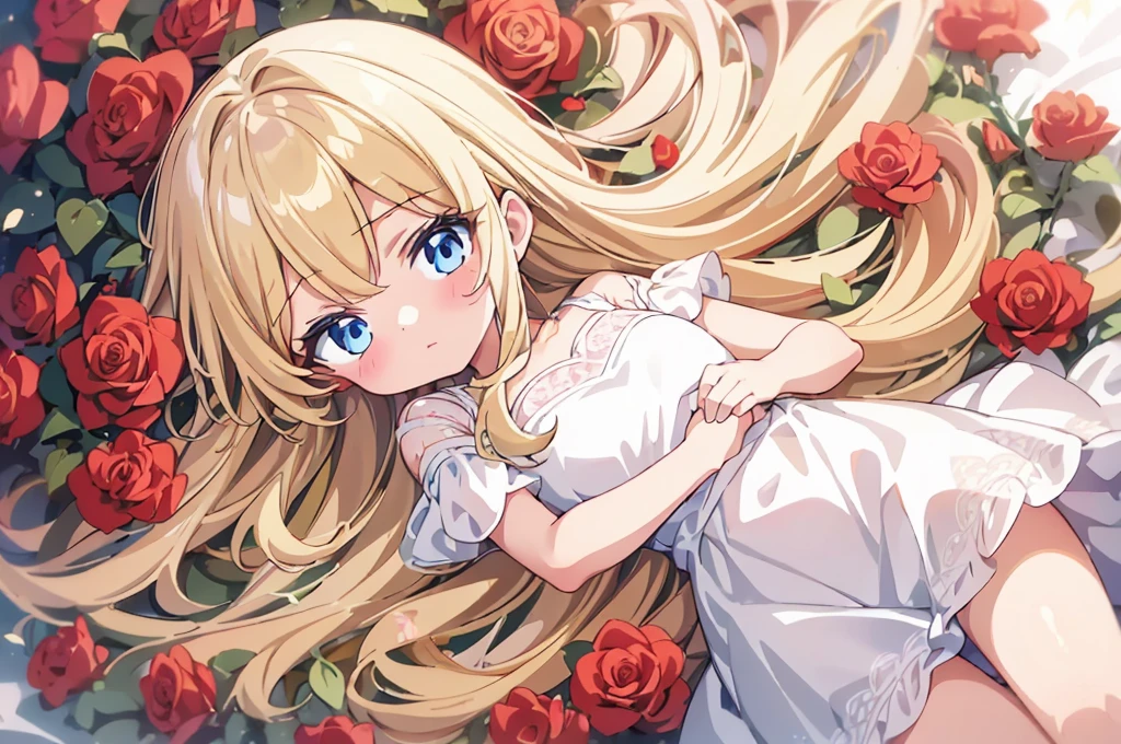 one  girl, blonde hair, white one-piece dress,  lying in the red roses, light blush, moderately long hair, cute, qhly, teenager, 