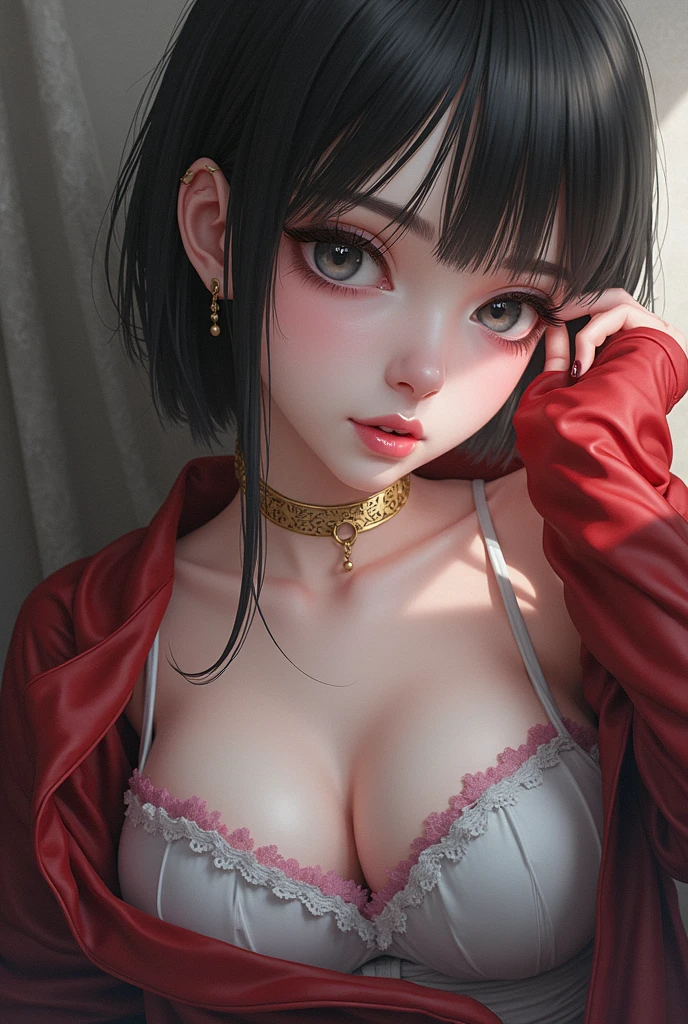 RAW photo, best quality, masterpiece, photorealistic, Polish girl, 20 years old, full body, black hair, Light grey eyes, short bob cut, hair in 7 thirds, hair over one ear, Detailed Skin, Detailed face, Big Breasts, rip gloss,