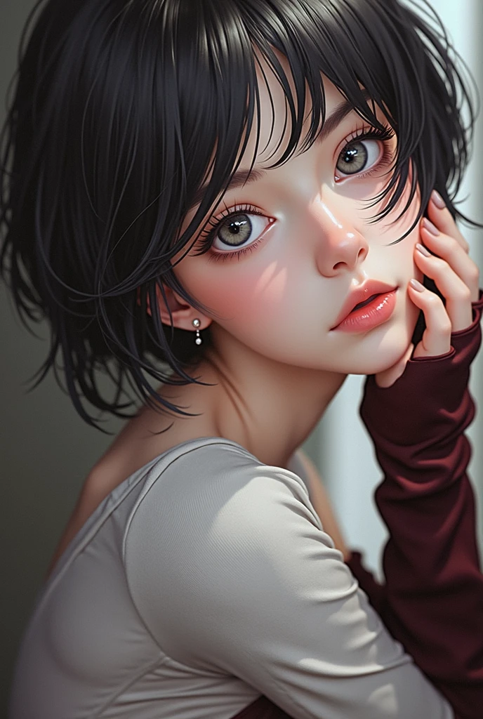 RAW photo, best quality, masterpiece, photorealistic, Polish girl, 20 years old, full body, black hair, Light grey eyes, short bob cut, hair in 7 thirds, hair over one ear, Detailed Skin, Detailed face, Big Breasts, rip gloss, 