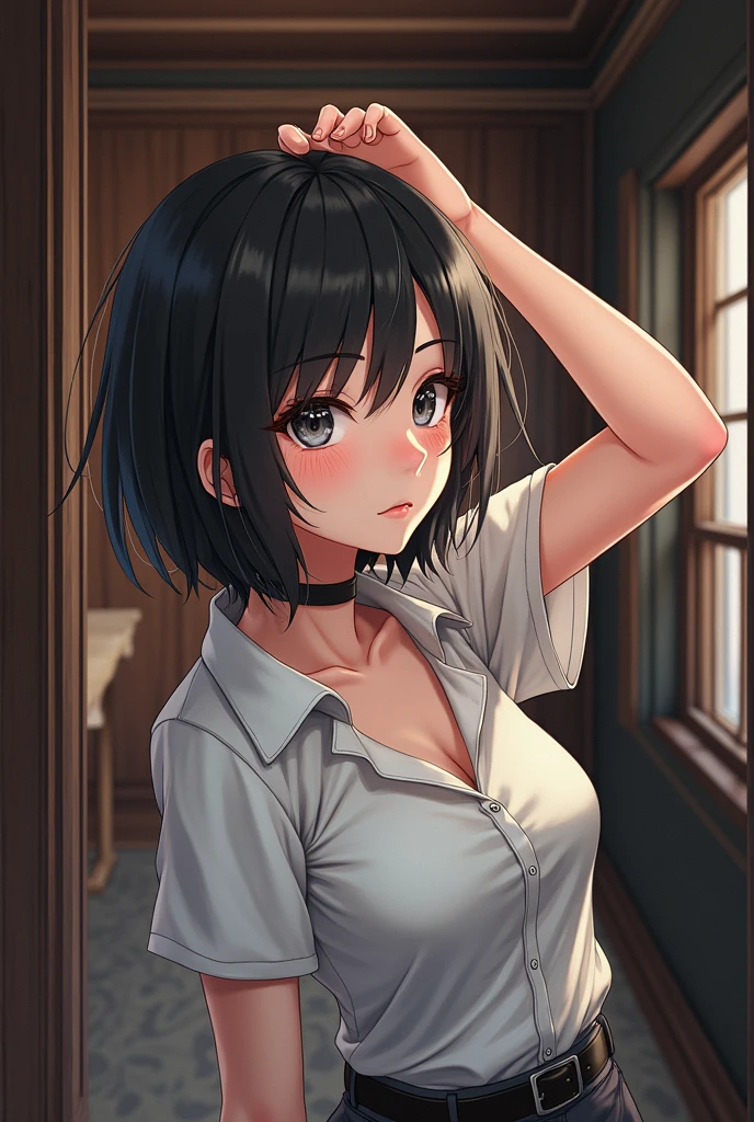 RAW photo, best quality, masterpiece, photorealistic, Polish girl, 20 years old, full body, black hair, Light grey eyes, short bob cut, hair in 7 thirds, hair over one ear, Detailed Skin, Detailed face, Big Breasts, rip gloss, 