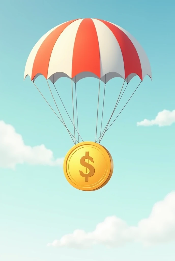 Create an illustration of a $TON cryptocurrency coin descending gently with a parachute. The coin should be golden with the $TON symbol prominently displayed in the center. The parachute is attached to the coin with strings, and it's fully open, billowing in the wind. The background is a clear sky with a few soft clouds, giving a sense of height and airiness. The overall style is clean and modern, with a slight 3D effect to add depth to the coin.