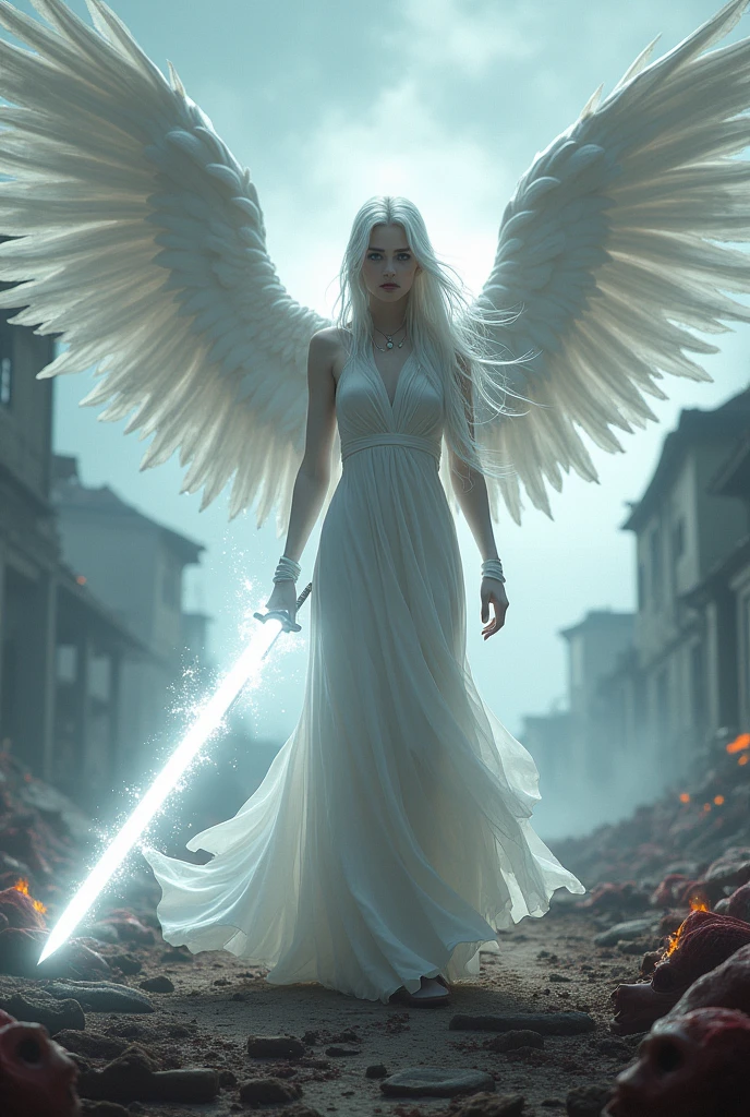 A woman with long white hair, with white wings. She is wielding a White sword, releasing white fire. Her thin white long-sleeved dress is being lifted by the wind along with her hair. There are bodies on the ground around her. There are blood stains on the hem of your dress. His eyes are black and serious. She is expressionless. She is in a destroyed village.
