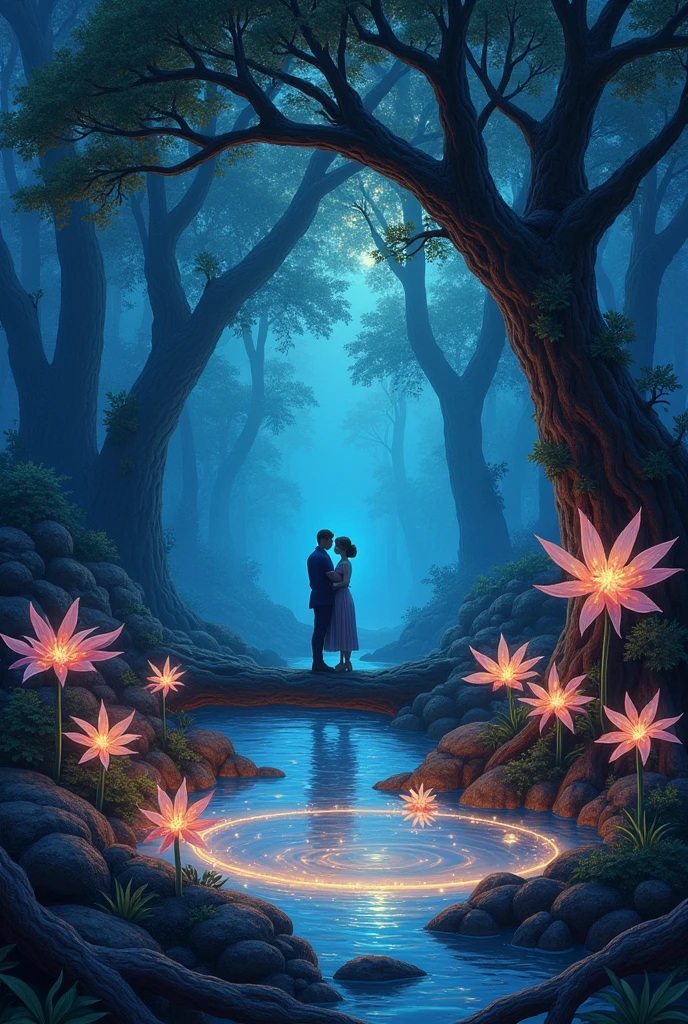 fantastical forest scene at twilight, and in the center there is a lover, among the roots of this mystical tree is a small, glowing pond,Around the pond, exotic flowers with petals shaped like starbursts grow, their edges glinting with a soft, bioluminescent glow. A gentle mist rises from the water, creating an ethereal atmosphere.To the left, a mythical creature,The background of the painting fades into a deep, dark indigo sky, speckled with the first stars of the evening. 