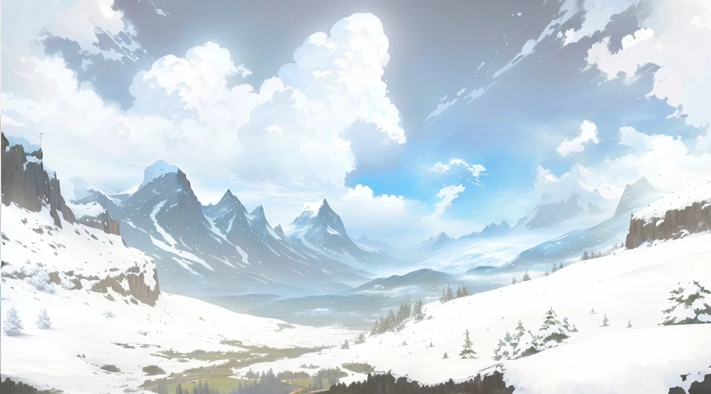 There is a painting,The painting shows a snowman standing on a snowy mountain。, Anime Landscape, Detailed scenery —width 672, Anime Landscape wallpaper, Anime Landscape concept art, Anime Landscape, Huge landscape!, beautiful Anime Landscape, Anime rural scenery, Anime Background Art, distant valley, In the anime painter studio, Produced in collaboration with Anime Painter Studio, Vast landscape, Landscape Artwork, Animation Cloud,Snow Scene,A winter scene