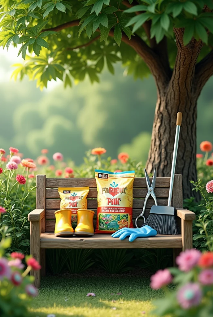 There are 3 packets of fertilizer and a pair of yellow garden rubber shoes and silver flower tree cutting scissors and a pair of blue rubber gloves on a wooden bench under a big tree, there is a broom and also a grass scraper leaning on the edge of the bench, 3D Style with the background of a flower garden