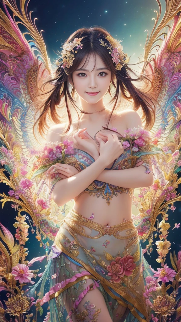 (masterpiece、highest quality、highest quality、official art、beautiful beautiful:1.2)、(1 girl)、very detailed、(fractal art:1.3)、Colorful、most detailed,(Pose with movement:1.4)、Details Beautiful and delicate face、Beautiful details and delicate eyes、extremely fine-grained clarity, (symmetrical eyes:1.3),((natural smile)),Floral,feather