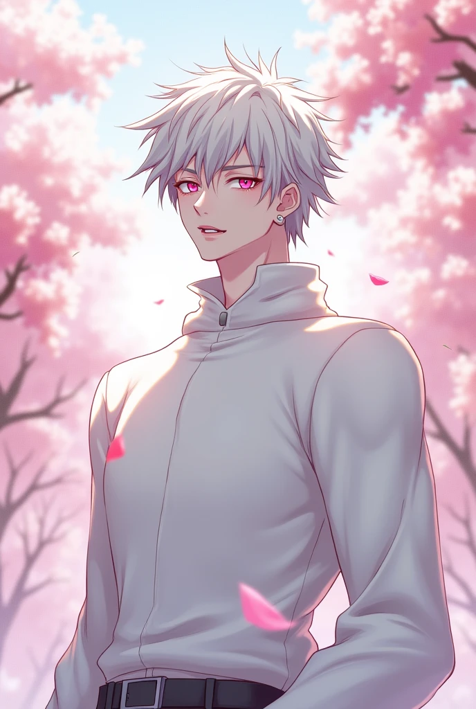 anime character, White hair, spiky hair, Pale skin, pink eyes, Long white eyelashes, male, muscular, white small earrings, big glossy lips, cherry blossom trees, grey eyebrows, white sweater, fangs
