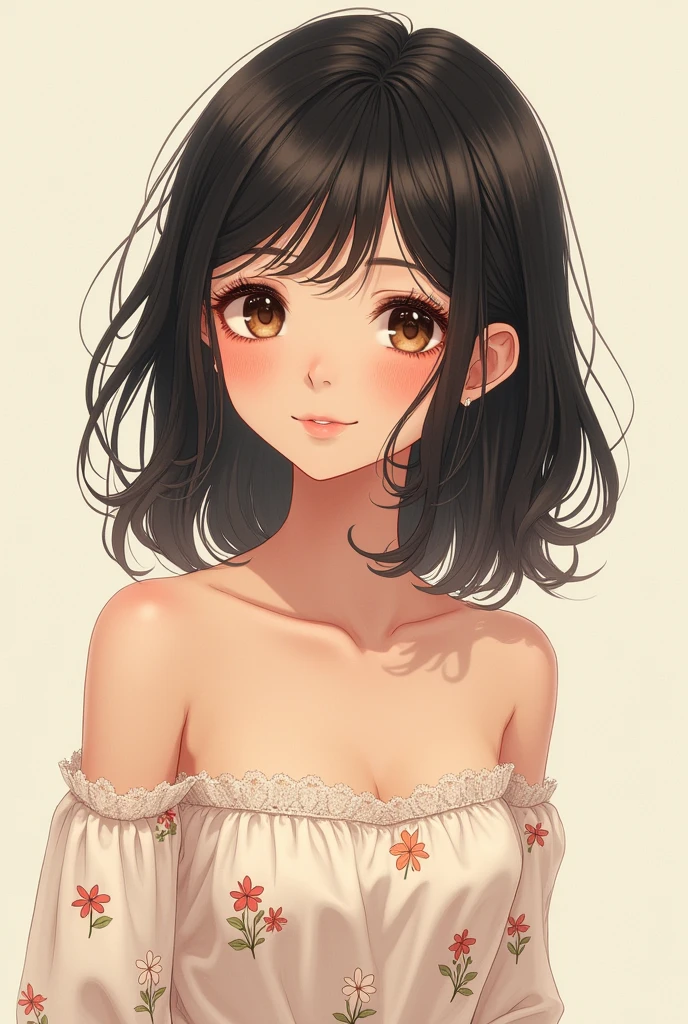 tan Asian woman with shoulder length, black hair, hime cut and bangs and large brown eyes. she is wearing a floral long sleeve top. simple background and anime style.