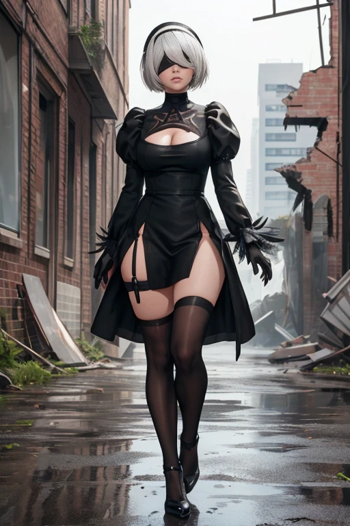 8k, ultra realistic, masterpiece, best quality, ultra detailed, beautiful face, beautiful skin, photorealistic, (professional lighting:1.2), nier_automata, 2B, yorha_no._2_type_b, white hair, short hair, black_dress, black_hairband, robot_joints, android, cyborg, clothing_cutout, light smile, pearl necklace, looking at viewer, (((full body))), focus on face, ultra sharp, on street in business district, ultra detailed photo background, (((Inside a ruined building in the near future, inside the bathroom, an inviting gesture)))