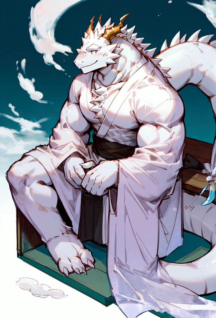 White　Sacred atmosphere　Gentle smile　Muscular　kimono　dragon　Long tail　