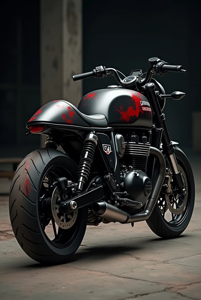 Royal Enfield GT650 with black mate finish modified with exhaust and printed blood on it