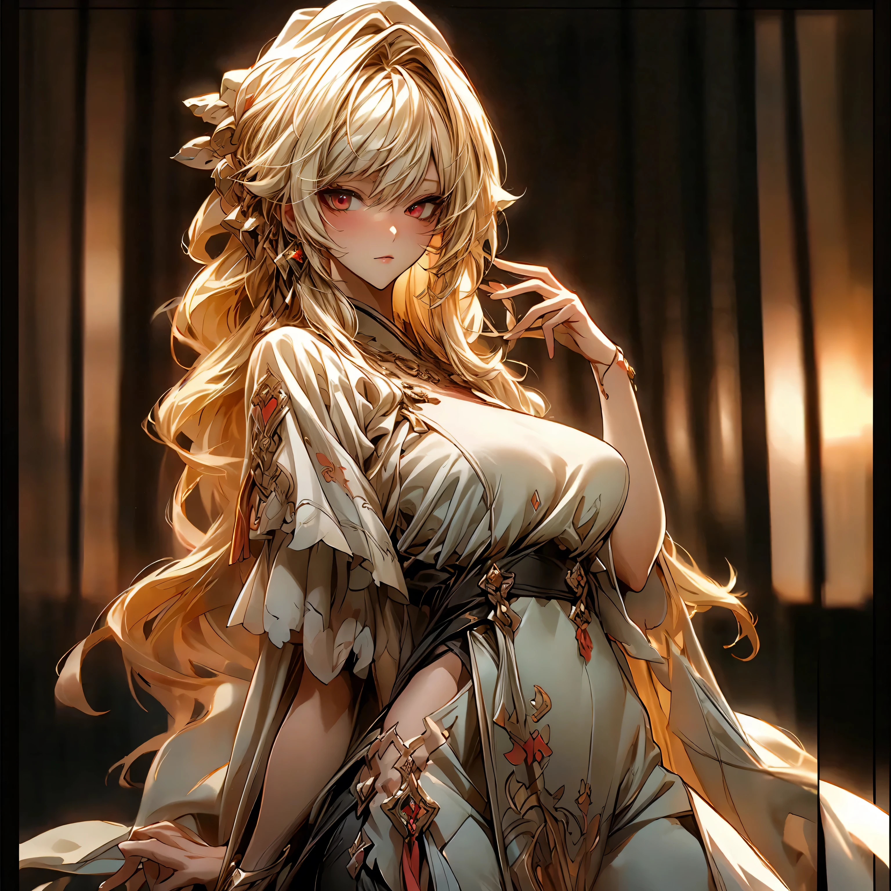 (best quality)), ((Masterpiece)), (details:1.4), 3d, HDR (high dynamic range), an image of a beautiful cyberpunk female, fantasy, Blonde hair, Curtain Bangs, Red eyes, จมูกโด่ง, ปากแดง, หน้าอกใหญ่, nvidia RTX, PBR surface, After processing, Anisotropic filtration,depth of field, Maximum clarity and clarity, multi-layered surface, Subsurface scattering, perfect proportions, 8K raw files, ultra detailed, Perfect proportions, volumetric lighting, soft lighting, Holy Paladin, Heavy black Armor, glossy skin, chapel background, jewely, ต่างหู, นิ้วมือสมบูรณ์,