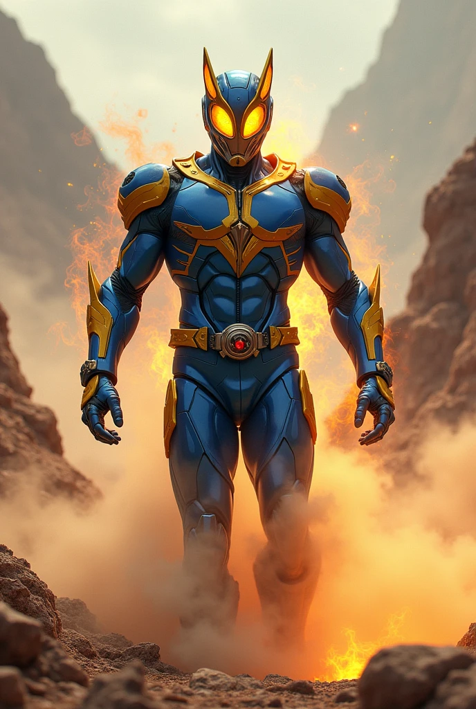 Create superhero with suit full body armour look alike kamen rider with rat element blue yellow body armour smoke effect background at desert lava effect on suit