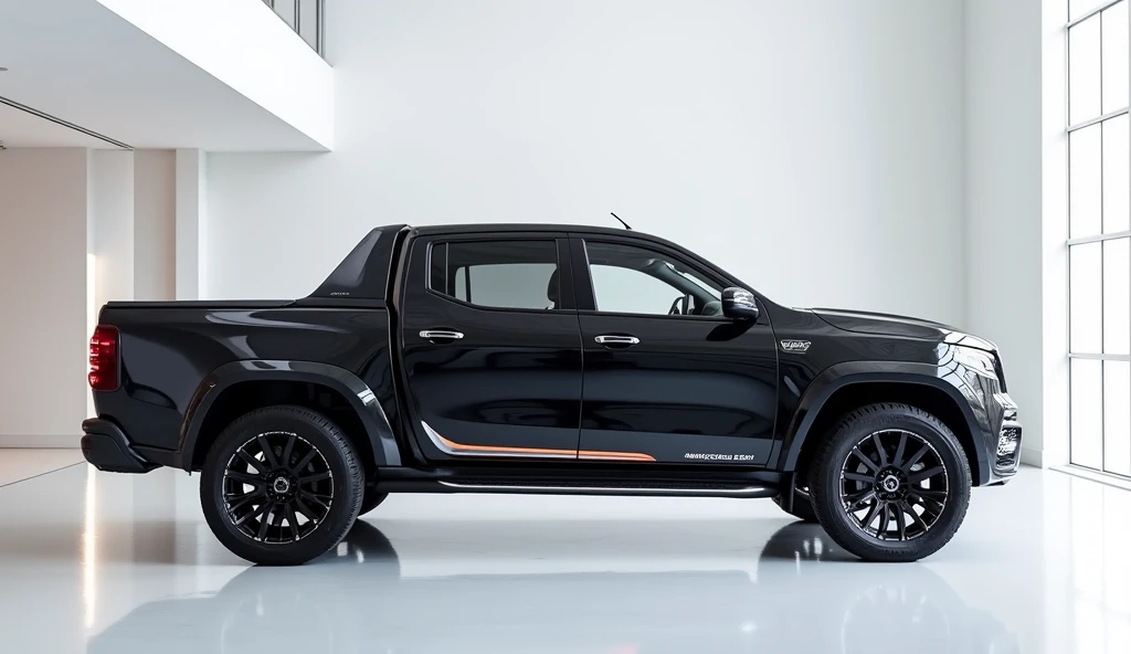 A stunning, futuristic pickup truck(Benz x class pickup truck 2025 ) takes center stage in a luxury white showroom. The vibrant (black) exterior gleams, drawing attention to its sleek, aerodynamic design and bold accents. The pick up truck( Mercedes Benz S-Class pickup truck 2025) " is prominently displayed in large, metallic letters on the pick up truck, set against a dark wall. The (  side) view showcases the cutting-edge innovation and technology of its time, inviting potential buyers to experience the future of automotive design and performance. This awe-inspiring image promises an unparalleled driving experience.