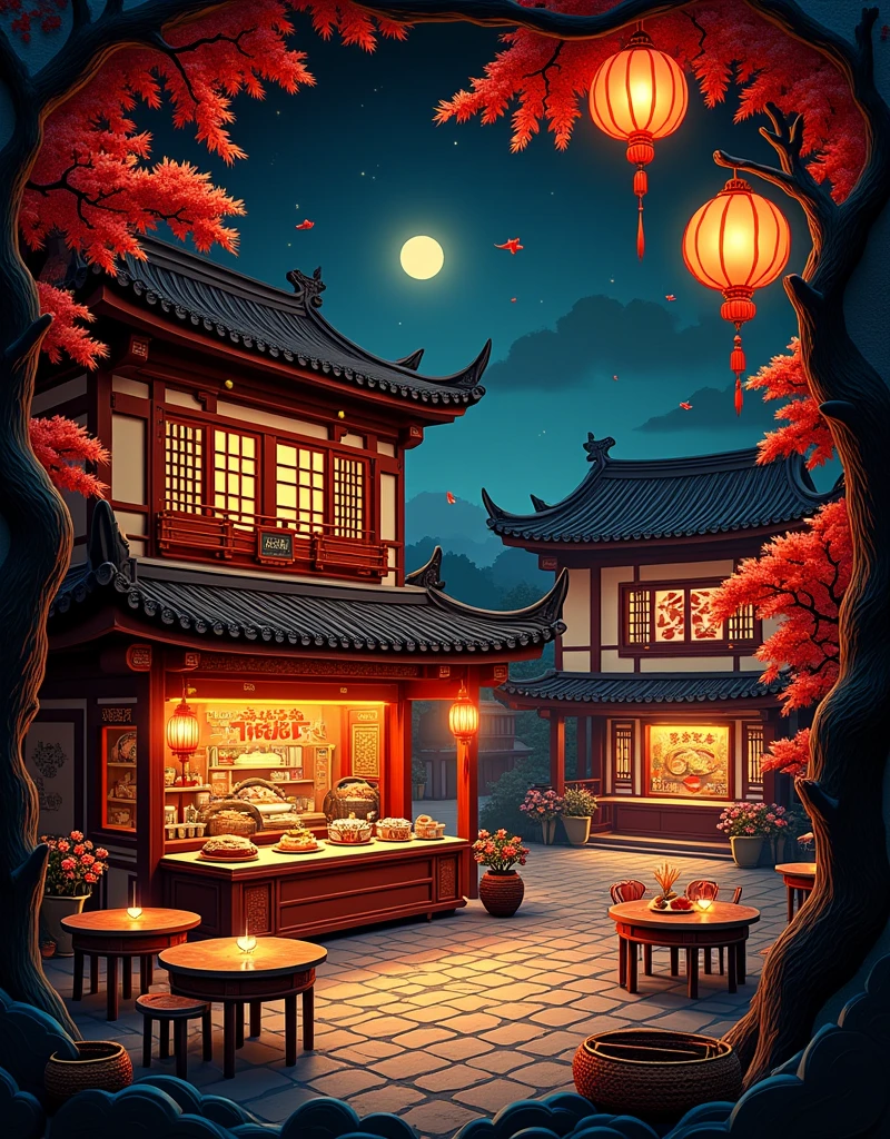 Paper Cutting艺术. Paper Cutting. Origami. 一个非常详细和复杂的古代中国餐馆Paper Cutting,There are Chinese dishes on it, Trees and lanterns, Mysterious dark atmosphere at night, nobody, nobody, Only food, Focus on Chinese cuisine