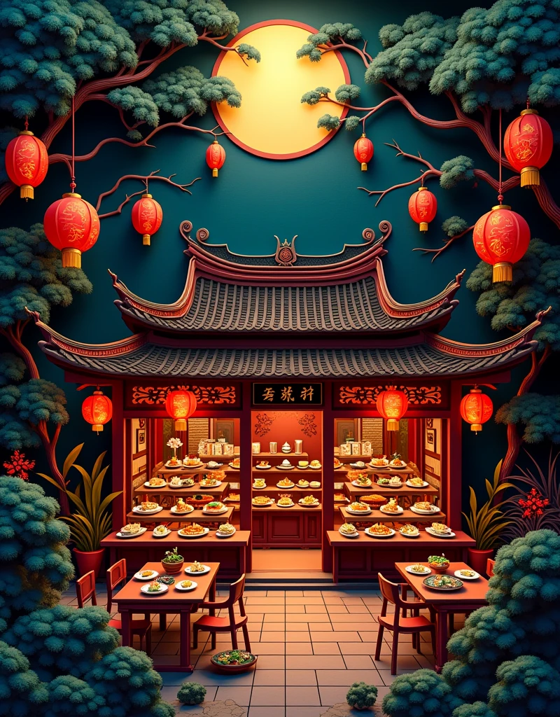 Paper Cutting艺术. Paper Cutting. Origami. 一个非常详细和复杂的古代中国餐馆Paper Cutting,There are Chinese dishes on it, Trees and lanterns, Mysterious dark atmosphere at night, nobody, nobody, Only food, Focus on Chinese cuisine