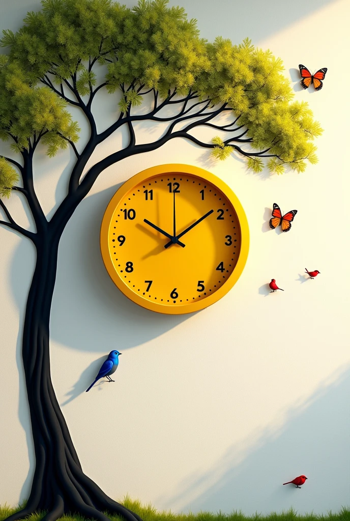 /imagine a picture of a clock the  color of the clock is yellow, and the the clock is janging on wall, the wall is white color with a design of black tree, the leves of the are green , with some butterflies of red, blue, with three birds setting on the tree, the background of the tree is sunset.