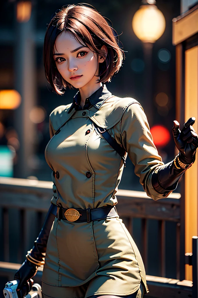 (at night), in a video game scene in the background, a beautiful city at night, raining, alone, standing looking straight ahead, military clothing with military green skirt and pants, black gloves, semi-short hair, ((semi-short hair)), 1 girl, 30 years old, young woman, perfect hands, Beautiful fingers, Beautiful long legs, Beautiful body, Beautiful nose, Beautiful character design, perfect face, looking straight at the viewer with a serious gesture, very upset looking at the viewer, she has a black whip in her hand (focusing on her face), closed mouth, smile_light, official art, extremely detailed CG unity 8k wallpaper, perfect lighting, bright and colorful front lighting, skin glossy (masterpiece: 1.0), (best_quality: 1.0), ultra high resolution, 4k, ultra detailed photography, 8K, hdr, high resolution, nonsense:1.2, Kodak portrait 400, film grain, blurred background, bokeh:1.2 , Lens flare, (vibrant_color:1.2), professional photography, (Beautiful, breasts: 1.4), (Beautiful_face: 1.5), (narrow waist),