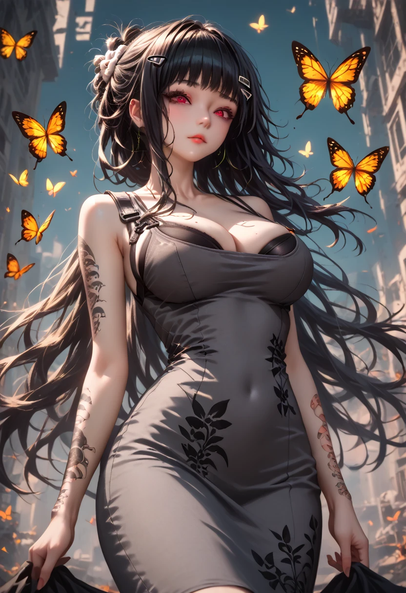 d_\(killer_wife\)_\(nikke\), d_\(nikke\), highres, 1girl, black_hair, large_breasts, red_eyes, black_bra, barcode_tattoo, dongtan_dress, meme_attire, long_hair, absurdres, grey_dress, cleavage, hairclip, breast_tattoo, butterfly_tattoo,score_9, score_8_up,score_7_up, masterpiece, best quality, perfect anatomy, very aesthetic, 8k