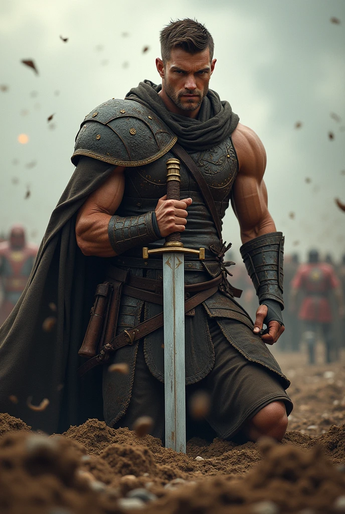 A brave male warrior, well built body, round face, he has no beard or moustache, and he is kneeling on the ground of the battlefield with his long sword stuck in the ground.