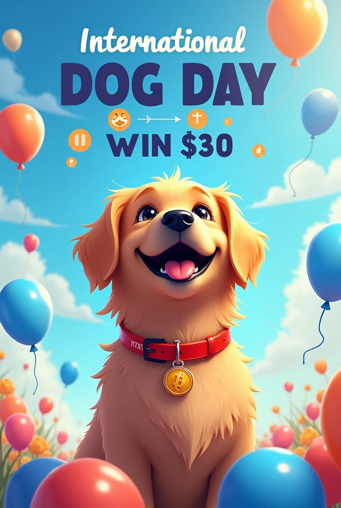 Create a vibrant digital artwork for International Dog Day. The central focus should be a happy, golden retriever dog looking up at the sky, with a red collar and an HTX logo tag hanging from it. The dog is surrounded by floating blue balloons against a bright, sunny sky with fluffy clouds. In the background, include small circular icons featuring popular dog-themed cryptocurrencies like Shiba Inu and Dogecoin, placed subtly within the scene. Add the text 'International Dog Day Meme Contest' in bold near the top and 'Win $300' in large blue font at the bottom. The overall mood should be cheerful and celebratory Abdur Razzaq 