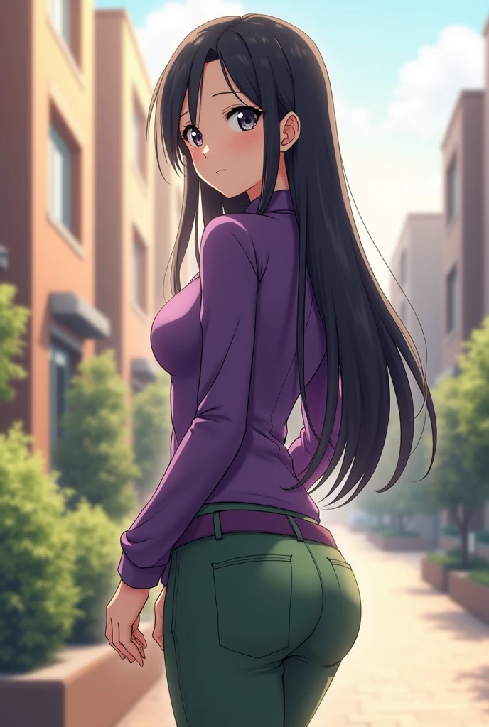 Create a 3D image of a young woman inspired by the anime style, with long, straight dark hair that falls over her shoulders. Her eyes are large and pale, reflecting a calm and gentle expression. She wears a fitted purple jacket that highlights her slim figure, and a pair of green pants with a purple belt. The scene is set in a bright, outdoor environment, possibly in a modern residential area, with soft lighting that gives a warm, sunny feel. The woman is looking over her shoulder, with a subtle, serene smile, capturing a moment of quiet reflection.