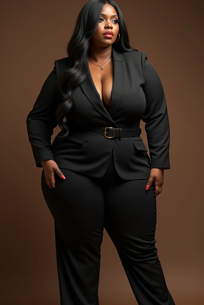 A body that looks like it's going to burst with muscles fat model,A body that looks like its clothes will burst with muscles,Create a high-resolution realist 3d image of a dark skin toned melanin elegant woman with a findom dominant and commanding persona and Prescence wearing luxurious attire, such as a tailored suits or designer dress, and posed in a confident stance. full body tall and plus size curvey body 5'9 265 lbs This mage should exude power, control, and sophistication, with a hint of mystery. the back ground is lavish hight rise office the top floor or a luxurious richly decotated tool reflecting wealth and power