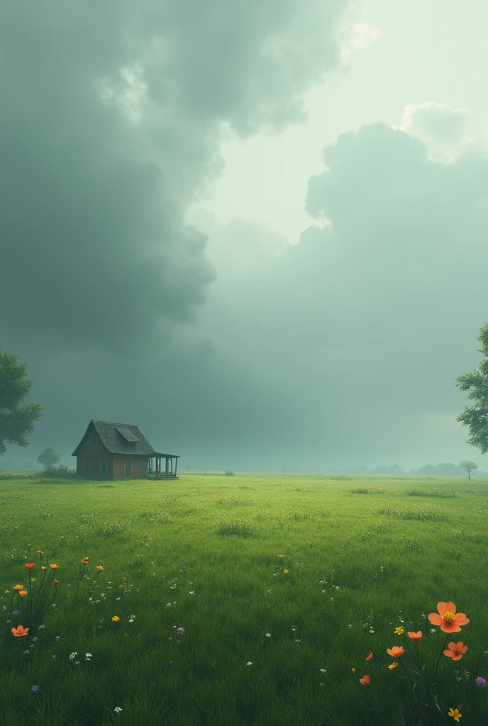 A very big smooth ground picture with little flowers of different colors and a little home near to it's and sky is darkly covered by clouds