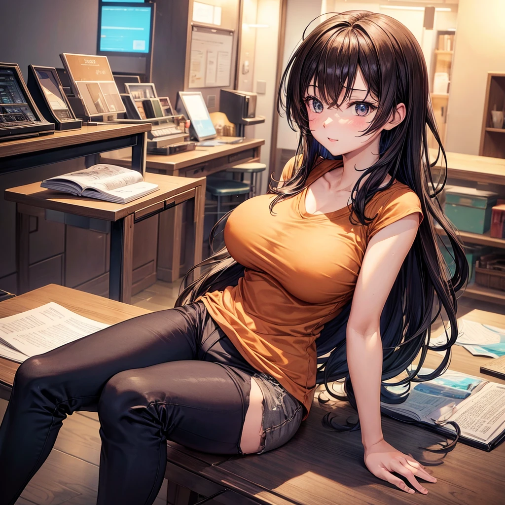 Imagine a beautiful anime girl with medium boobs and background was a room and she is wearing a brown t shirt and black pant
