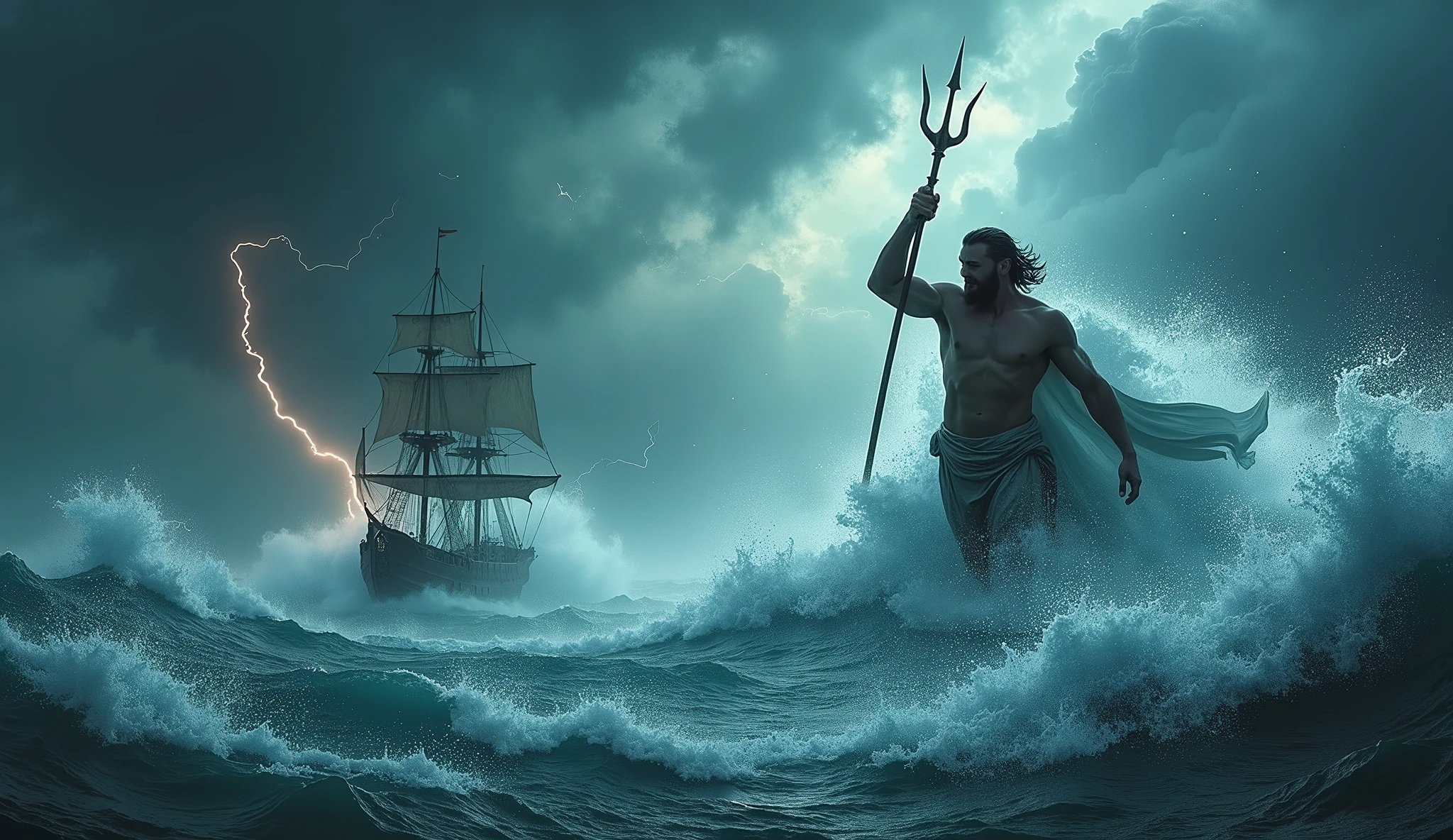 (Cinematic epic style photo:1.5) of Poseidon, the Greek god of the sea, towering above a stormy ocean, his muscular form commanding the crashing waves as he unleashes a powerful storm, his trident raised high. A merchant ship is caught in the chaos, swirling in the massive waves, its sails torn and the crew struggling to hold on. (Wide shot framing:1.3), set against a dark, tempestuous sky with flashes of lightning illuminating the scene, (shot from a dramatic low angle:1.4), on a RED digital cinema camera, (in the style of classical mythology paintings:1.4)