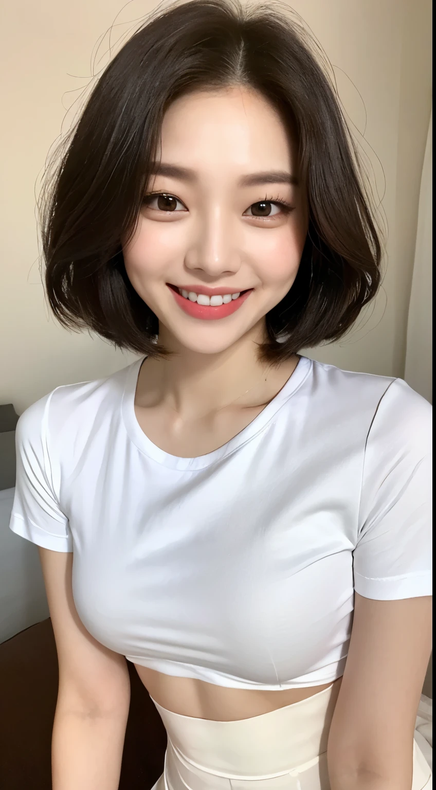 White tight shirt、White tight mini skirt、bed、smile、Short sleeve、High resolution、Korean idol face、double eyelid、White teeth、short hair