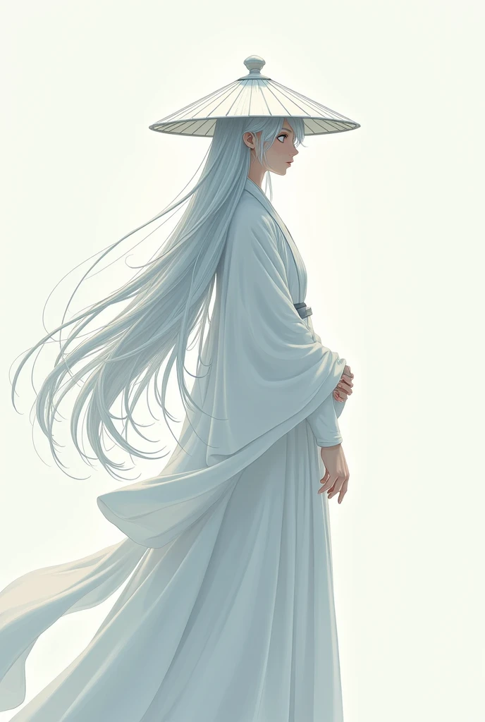 Samurai man in white kimono, white hair and eyes, white samurai hats, 2D anime