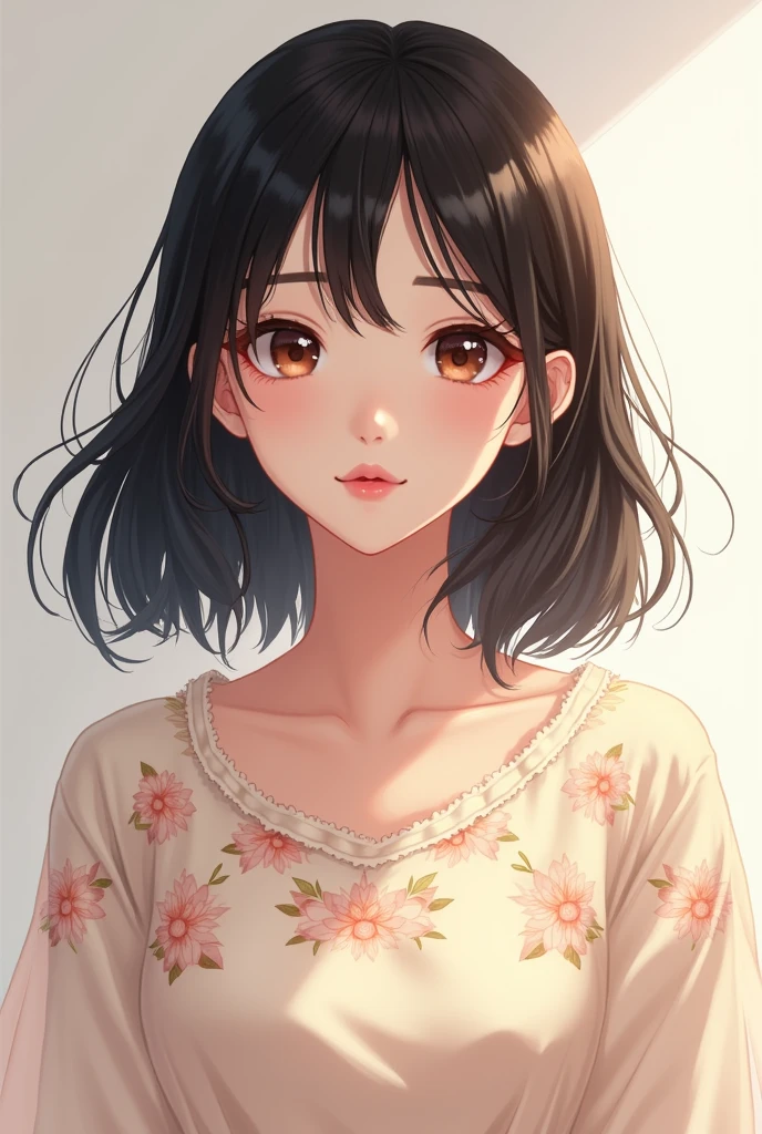 tan Asian woman with shoulder length, black hair, hime cut and bangs and large brown eyes. she is wearing a floral long sleeve sweater. simple background and anime style.