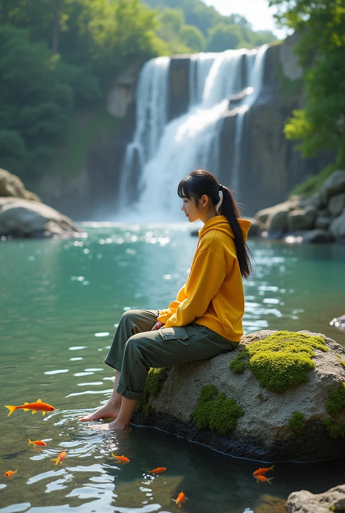 Beautiful Korean girl, white skin, well-groomed face, black hair in a ponytail, yellow hoodie, knee-length cargo pants, posing sitting on a rock with her legs lowered into the water, on the edge of a very clear flowing river, lots of fish swimming, small rocks overgrown green moss, background, very beautiful waterfall, original photo