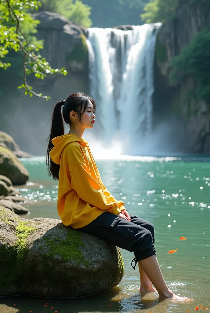Beautiful Korean girl, white skin, well-groomed face, black hair in a ponytail, yellow hoodie, knee-length cargo pants, posing sitting on a rock with her legs lowered into the water, on the edge of a very clear flowing river, lots of fish swimming, small rocks overgrown green moss, background, very beautiful waterfall, original photo