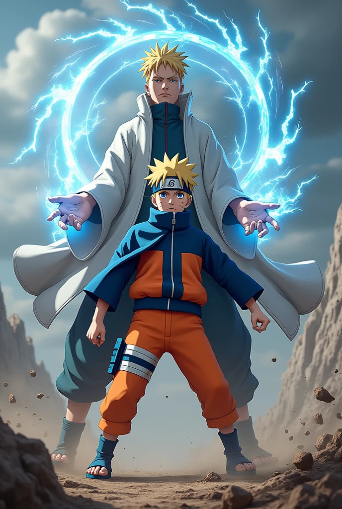 Naruto with Minato doing flying raizen jutsu
