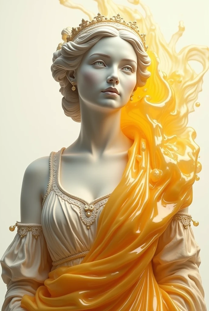 A beautiful woman old royal historical  statue, falling honey to its face , white background , highly detailed image 
